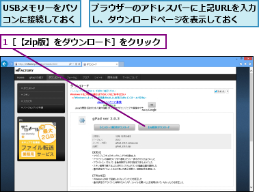 1［【zip版】をダウンロード］をクリック,USBメモリーをパソコンに接続しておく,ブラウザーのアドレスバーに上記URLを入力し、ダウンロードページを表示しておく