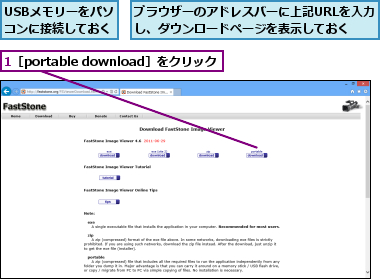 1［portable download］をクリック,USBメモリーをパソコンに接続しておく,ブラウザーのアドレスバーに上記URLを入力し、ダウンロードページを表示しておく