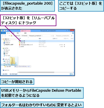 USBメモリーからFileCapsule Deluxe Portableを起動できるようになる,ここでは［32ビット版］をコピーする      ,コピーが開始される  ,フォルダー名はわかりやすいものに変更するとよい  ,［32ビット版］を［リムーバブルディスク］にドラッグ    ,［filecapsule_portable 200］が表示された    