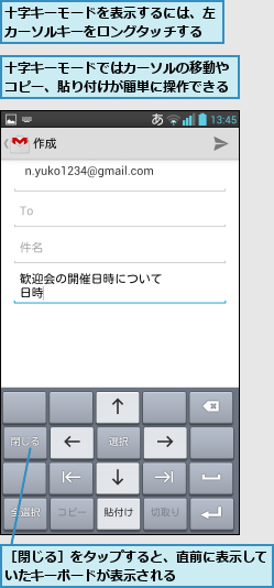 十字キーモードではカーソルの移動やコピー、貼り付けが簡単に操作できる,十字キーモードを表示するには、左カーソルキーをロングタッチする,［閉じる］をタップすると、直前に表示していたキーボードが表示される      