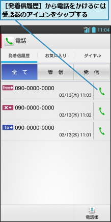 ［発着信履歴］から電話をかけるには受話器のアイコンをタップする  
