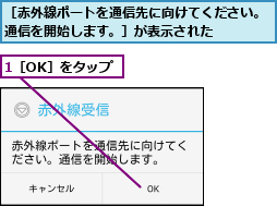 1［OK］をタップ,［赤外線ポートを通信先に向けてください。通信を開始します。］が表示された    