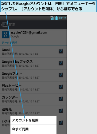 設定したGoogleアカウントは［同期］でメニューキーをタップし、［アカウントを削除］から削除できる
