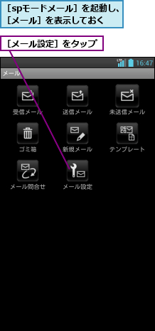 ［spモードメール］を起動し、［メール］を表示しておく,［メール設定］をタップ