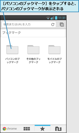 ［パソコンのブックマーク］をタップすると、パソコンのブックマークが表示される    