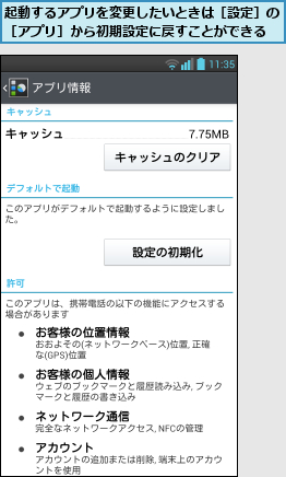 起動するアプリを変更したいときは［設定］の［アプリ］から初期設定に戻すことができる