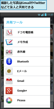 撮影した写真はGmailやTwitterなどで友人と共有できる