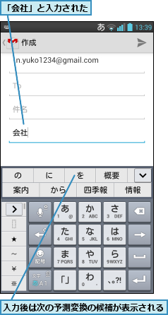 「会社」と入力された,入力後は次の予測変換の候補が表示される