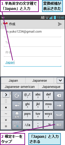 1 半角英字の文字種で「Japan」と入力,2 確定キーをタップ    ,「Japan」と入力される  ,変換候補が表示された