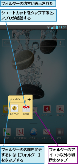 ショートカットをタップすると、アプリが起動する       ,フォルダーのアイコン以外の場所をタップ,フォルダーの内容が表示された,フォルダーの名前を変更するには［フォルダー］をタップする