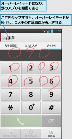 ここをタップすると、オーバーレイモードが終了し、Qメモの作成画面が表示される  ,オーバーレイモードになり、別のアプリを起動できる  