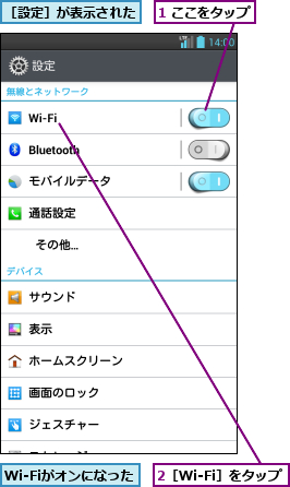 1 ここをタップ,2［Wi-Fi］をタップ,Wi-Fiがオンになった,［設定］が表示された