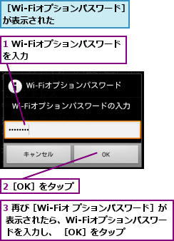 1 Wi-Fiオプションパスワードを入力         ,2［OK］をタップ,3 再び［Wi-Fiオ プションパスワード］が     表示されたら、Wi-Fiオプションパスワー      ドを入力し、 ［OK］をタップ,［Wi-Fiオプションパスワード］が表示された       