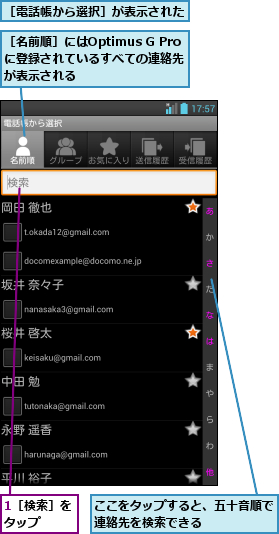 1［検索］をタップ  ,ここをタップすると、五十音順で連絡先を検索できる      ,［名前順］にはOptimus G Proに登録されているすべての連絡先が表示される,［電話帳から選択］が表示された