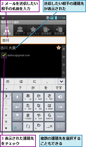 2 メールを送信したい相手の名前を入力  ,3 表示された連絡先をチェック     ,複数の連絡先を選択することもできる    ,送信したい相手の連絡先が表示された    