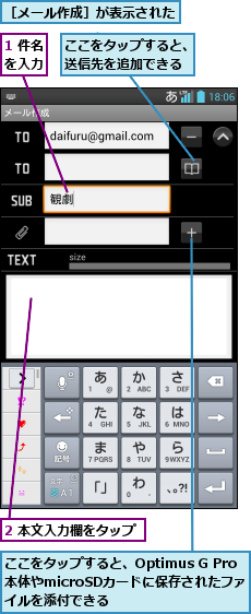 1 件名を入力,2 本文入力欄をタップ,ここをタップすると、Optimus G Pro 本体やmicroSDカードに保存されたファ  イルを添付できる,ここをタップすると、送信先を追加できる,［メール作成］が表示された