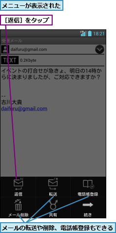 メニューが表示された,メールの転送や削除、電話帳登録もできる,［返信］をタップ