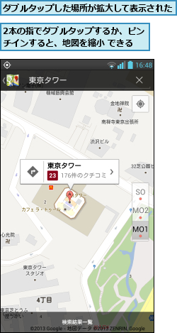 2本の指でダブルタップするか、ピンチインすると、地図を縮小 できる,ダブルタップした場所が拡大して表示された  