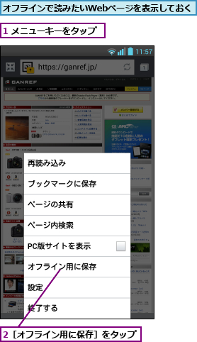 1 メニューキーをタップ,2［オフライン用に保存］をタップ       ,オフラインで読みたいWebページを表示しておく