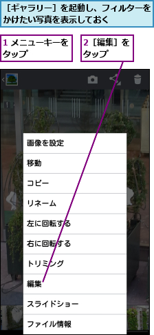 1 メニューキーをタップ      ,2［編集］をタップ  ,［ギャラリー］を起動し、フィルターをかけたい写真を表示しておく    