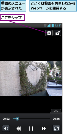 ここでは動画を再生しながらWebページを閲覧する  ,ここをタップ,動画のメニューが表示された