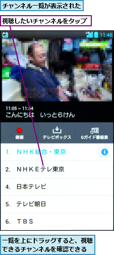 チャンネル一覧が表示された,一覧を上にドラッグすると、視聴できるチャンネルを確認できる,視聴したいチャンネルをタップ