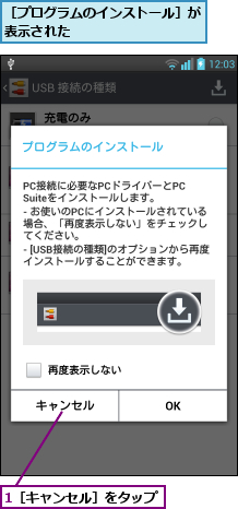 1［キャンセル］をタップ,［プログラムのインストール］が表示された          