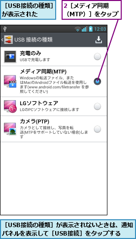 2［メディア同期　　（MTP）］をタップ,［USB接続の種類］が表示された  ,［USB接続の種類］が表示されないときは、通知パネルを表示して［USB接続］をタップする