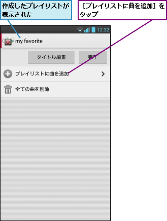 作成したプレイリストが表示された      ,［プレイリストに曲を追加］をタップ          