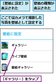 ここではカメラで撮影した写真を壁紙として設定する,壁紙の種類が表示された,［ギャラリー］をタップ,［壁紙に設定］が表示された  