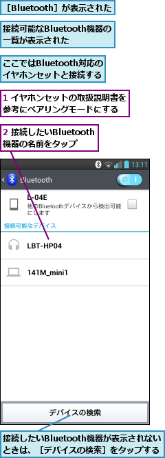 1 イヤホンセットの取扱説明書を参考にペアリングモードにする  ,2 接続したいBluetooth機器の名前をタップ,ここではBluetooth対応のイヤホンセットと接続する,接続したいBluetooth機器が表示されないときは、［デバイスの検索］をタップする,接続可能なBluetooth機器の一覧が表示された,［Bluetooth］が表示された