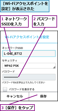 1 ネットワークSSIDを入力,2 パスワードを入力   ,3［保存］をタップ,［Wi-Fiアクセスポイントを設定］が表示された  
