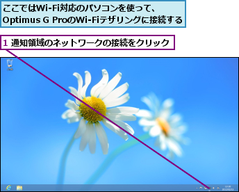 1 通知領域のネットワークの接続をクリック,ここではWi-Fi対応のパソコンを使って、   Optimus G ProのWi-Fiテザリングに接続する