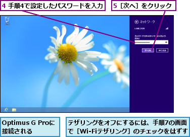 4 手順4で設定したパスワードを入力,5［次へ］をクリック,Optimus G Proに接続される,テザリングをオフにするには、手順7の画面で［Wi-Fiテザリング］のチェックをはずす