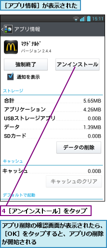 4［アンインストール］をタップ,アプリ削除の確認画面が表示されたら、［OK］をタップすると、アプリの削除　が開始される,［アプリ情報］が表示された