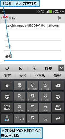 「会社」と入力された,入力後は次の予測文字が表示される     