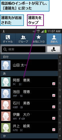 連絡先が追加された  ,連絡先をタップ,電話帳のインポートが完了し、［連絡先］に戻った    