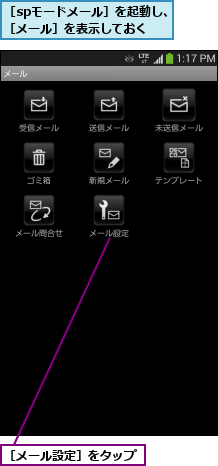［spモードメール］を起動し、［メール］を表示しておく,［メール設定］をタップ