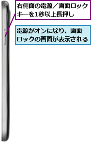 右側面の電源／画面ロックキーを1秒以上長押し  ,電源がオンになり、画面 ロックの画面が表示される