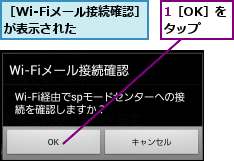 1［OK］をタップ,［Wi-Fiメール接続確認］が表示された   
