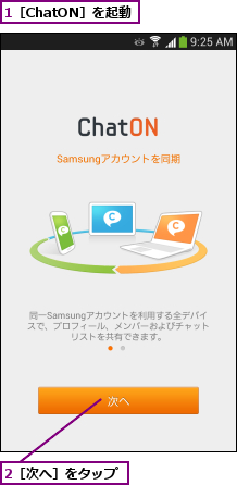 1［ChatON］を起動,2［次へ］をタップ