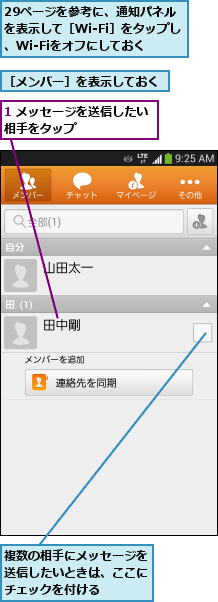 1 メッセージを送信したい相手をタップ       ,29ページを参考に、通知パネル を表示して［Wi-Fi］をタップし、Wi-Fiをオフにしておく,複数の相手にメッセージを送信したいときは、ここにチェックを付ける,［メンバー］を表示しておく