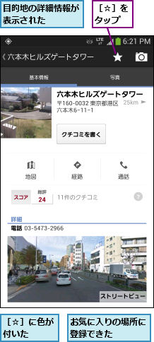 お気に入りの場所に登録できた   ,目的地の詳細情報が表示された   ,［☆］に色が付いた  ,［☆］をタップ