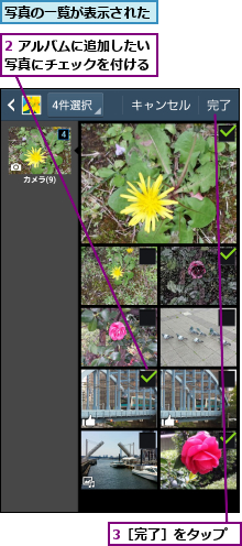 2 アルバムに追加したい写真にチェックを付ける,3［完了］をタップ,写真の一覧が表示された