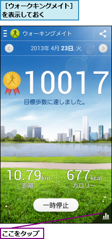 ここをタップ,［ウォークキングメイト］を表示しておく    