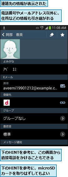 下のHINTを参考に、microSDカードを取りはずしてもよい,下のHINTを参考に、この画面から　直接電話をかけることもできる  ,連絡先の情報が表示された,電話番号やメールアドレス以外に、住所などの情報も引き継がれる  