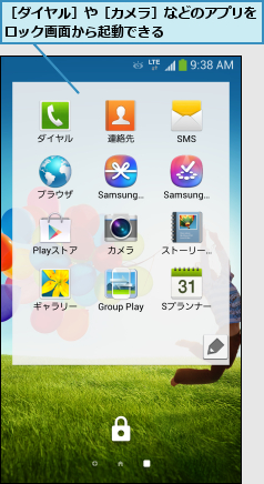 ［ダイヤル］や［カメラ］などのアプリをロック画面から起動できる      