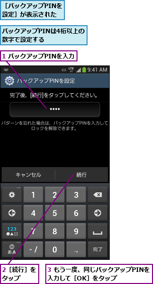 1 バックアップPINを入力,2［続行］をタップ  ,3 もう一度、同じバックアップPINを入力して［OK］をタップ    ,バックアップPINは4桁以上の数字で設定する      ,［バックアップPINを設定］が表示された