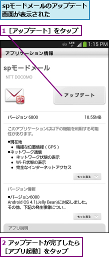 1［アップデート］をタップ,2 アップデートが完了したら［アプリ起動］をタップ  ,spモードメールのアップデート画面が表示された    
