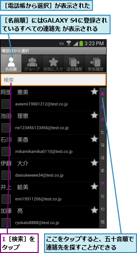1［検索］をタップ  ,ここをタップすると、五十音順で連絡先を探すことができる  ,［名前順］にはGALAXY S4に登録されているすべての連絡先 が表示される,［電話帳から選択］が表示された